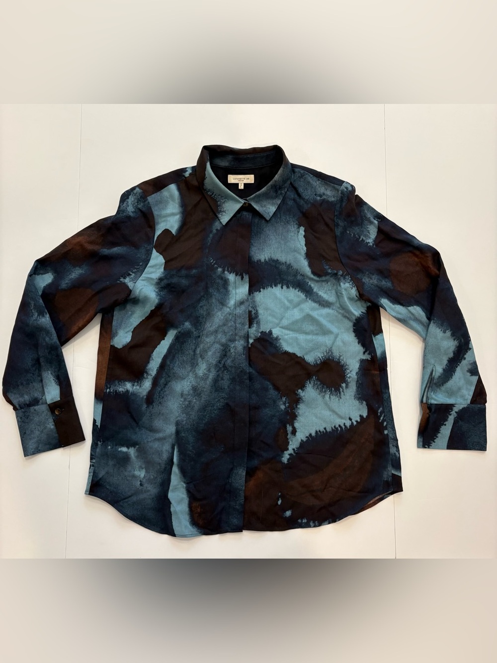 Lafayette 148 Scottie Ink Drop-Print Blouse wool silk blend Large
